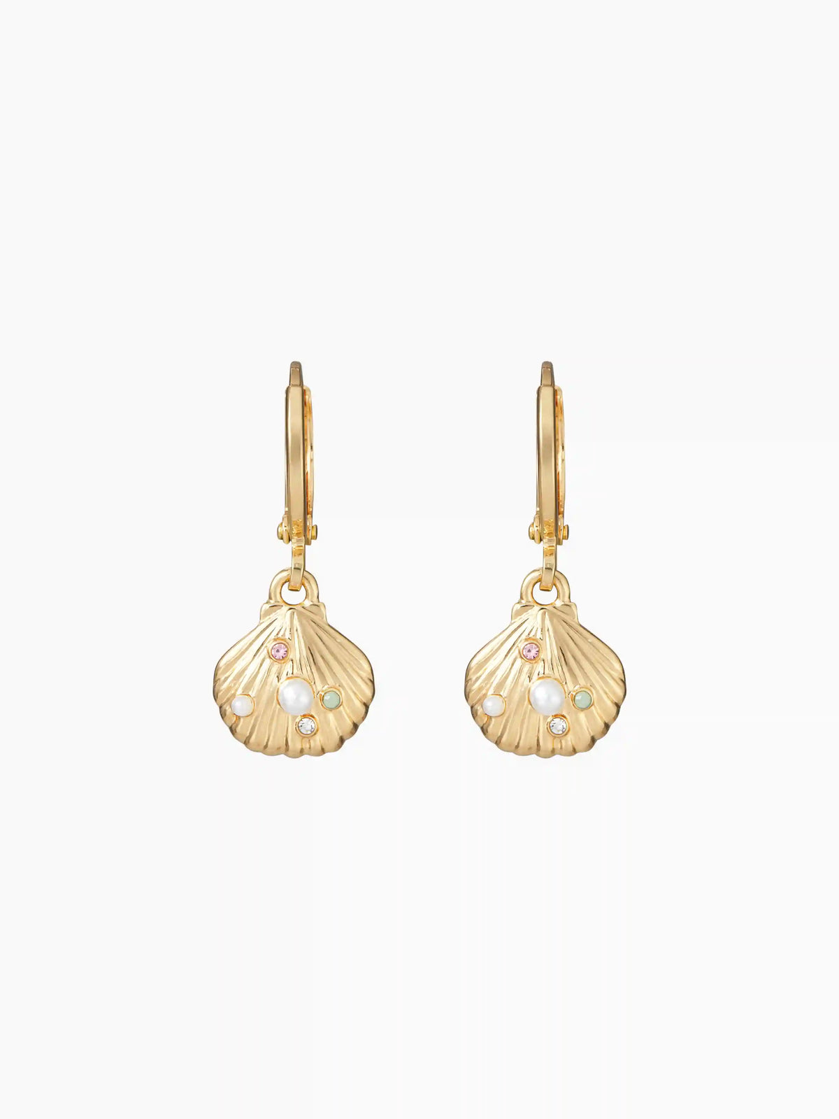 FAUX PEARL & RHINESTONE DECOR SHELL DROP HOOP EARRINGS