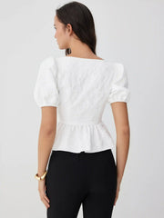 Jacquard Square Neck Puff Sleeve Bowknot Ruffled Hem Blouse