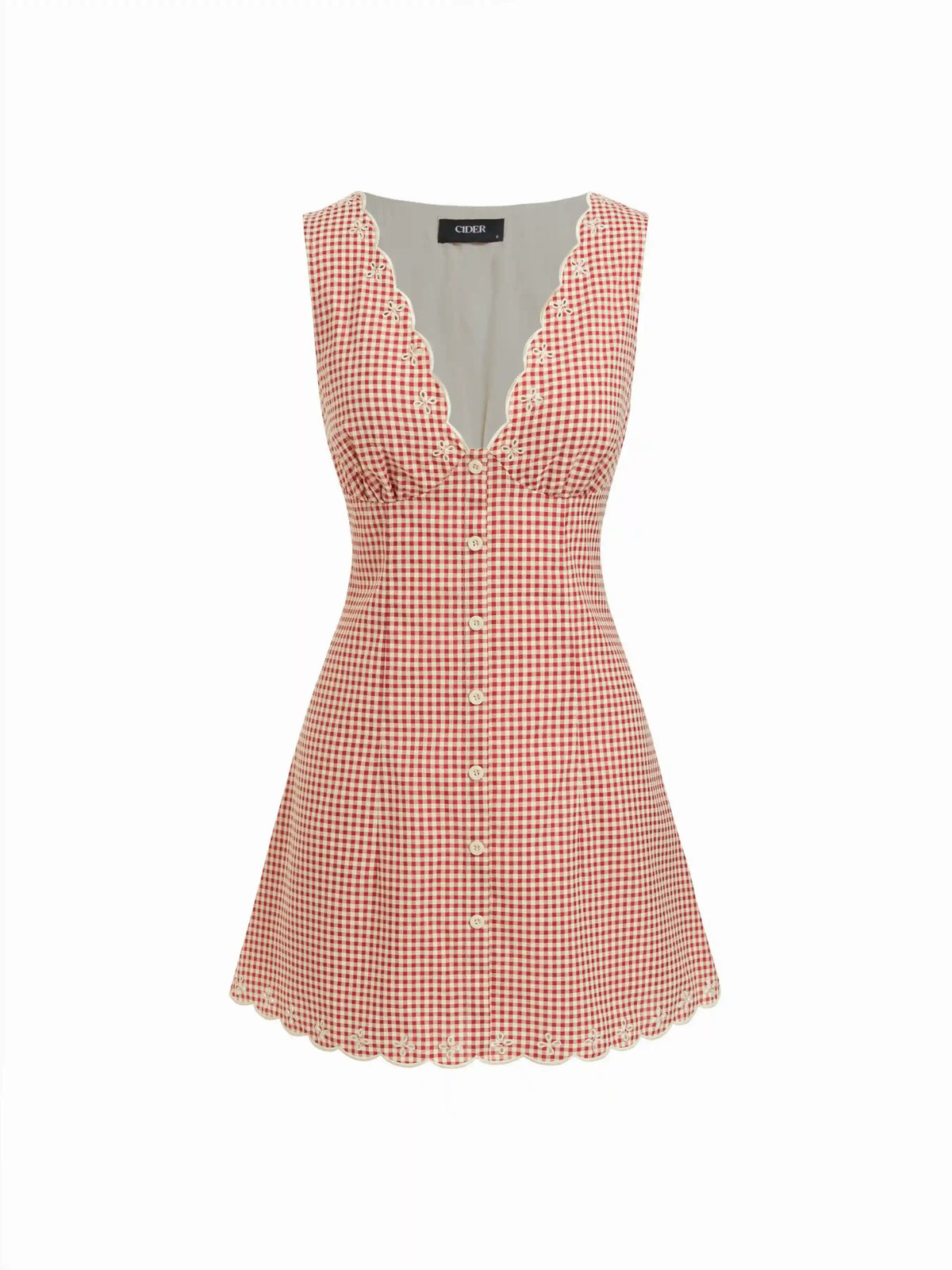 Cotton-blend Gingham V-neck Scallop Hem A-line Mini Dress