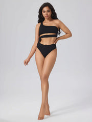 Shaping Rib Solid Bowknot One Shoulder Bikini Set