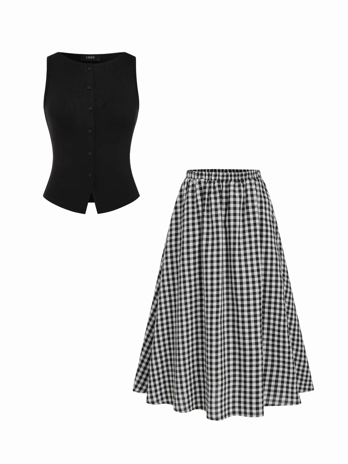 Cotton Button Top &  Gingham A-line Maxi Skirt Set