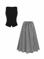 Cotton Button Top &  Gingham A-line Maxi Skirt Set