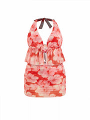 Floral Halter Neck Peplum Top & Mid Rise Shorts Bikini Set With Ruched Cover Up Skirt Curve & Plus