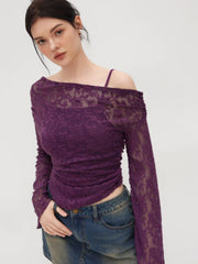 Lace Asymmetrical Neck Floral Curved Hem Long Sleeve Top