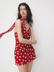 Cowl Neck Ruched Polka Dot Cami Top With Scarf & Mid Rise Mini Skort Set