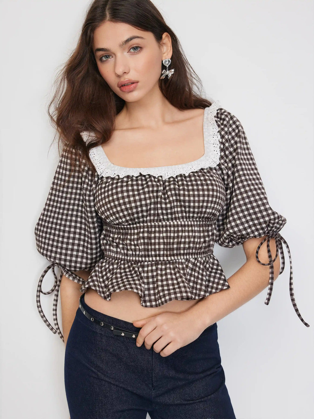 Gingham Square Neck Puff Sleeve Ruched Peplum Oversized Top