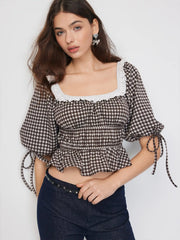 Gingham Square Neck Puff Sleeve Ruched Peplum Oversized Top