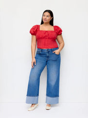 Cotton Broderie Anglaise Puff Sleeve Crop Blouse Curve & Plus