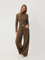 Cotton-blend High Neck Asymmetrical Hem Top & Mid Rise Straight Leg Trousers Set