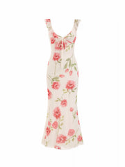 Mesh Floral Graphic V-neck Knotted Mermaid Maxi Dress