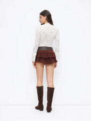 Floral Lace Stand Collar Ruffle Long Sleeve Bodysuit