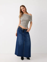 Stretch Denim Low Rise Split Maxi Skirt