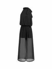 Chiffon Stand Collar Bowknot Straight Leg Jumpsuit