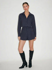 Striped Collar Mid Rise Pleated Romper