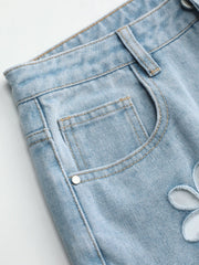 Denim Mid Waist Floral Pocket Wide Leg Jeans