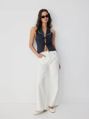 Halter Neckline Contrast Trim Bowknot Blazer Vest