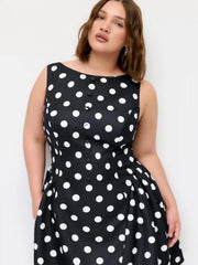 Boat Neck Knotted Polka Dot Backless Mini Dress Curve & Plus