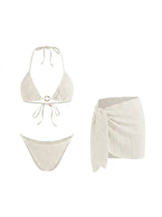 Halter Neckline Ring Linked Triangle Bikini Set With Sarong