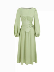 Satin Boat Neck Lantern Sleeve Asymmetrical Maxi Dress