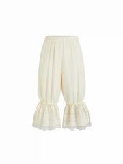 Textured Mid Rise Lace Panel Ruffle Hem Capri Shorts