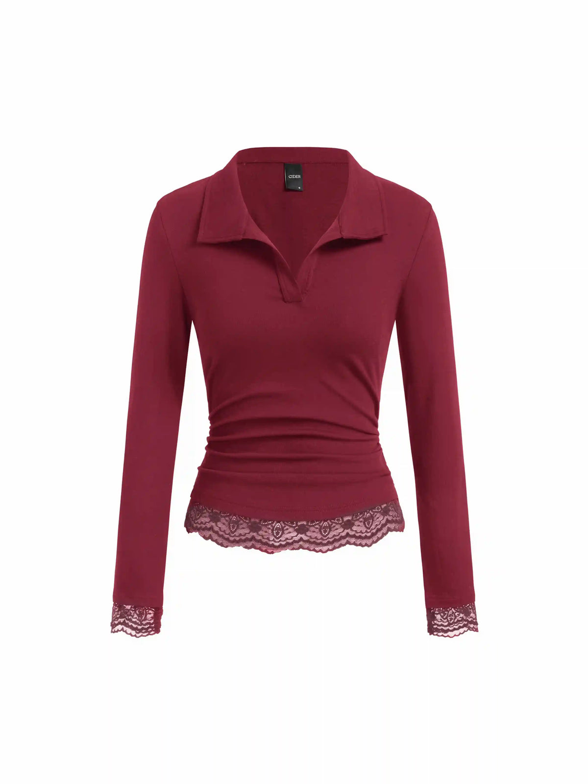 Collar Long Sleeve Contrasting Lace Ruched Top