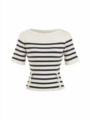 Knit Striped Boat Neck Metal Detail Short Sleeve Top