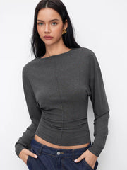 Boat Neck Batwing Sleeve Ruched Cinched Waist Top