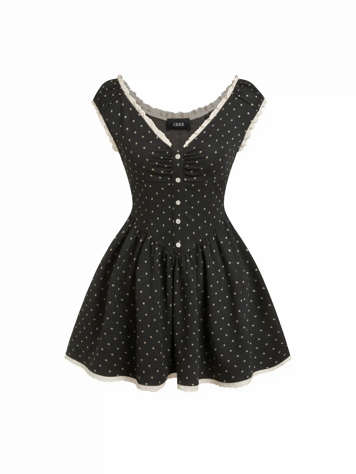 Jacquard Polka Dot V-neck Ruched Lace Trim Flared Mini Dress