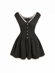 Jacquard Polka Dot V-neck Ruched Lace Trim Flared Mini Dress