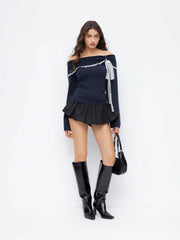 Knit Wool-blend Off-shoulder Lace Trim Long Sleeve Top