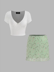 V-neck Solid Bowknot Crop Top & Mesh High Rise Floral Lettuce Trim Mini Skirt Set