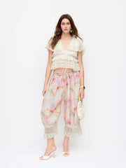 Chiffon Mid-Rise Abstract Print Lace Trim Bloomer Cropped Trousers
