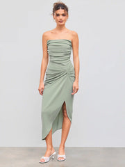 Solid Ruched Asymmetrical Tube Midi Dress