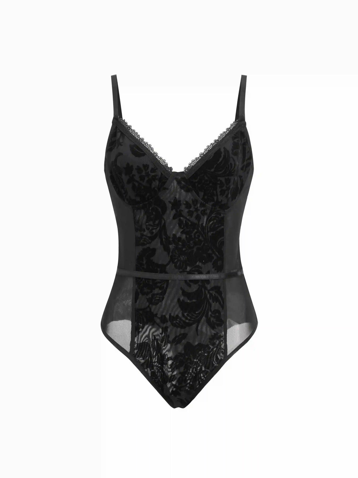Mesh Floral V-neck Lace Trim Cami Bodysuit