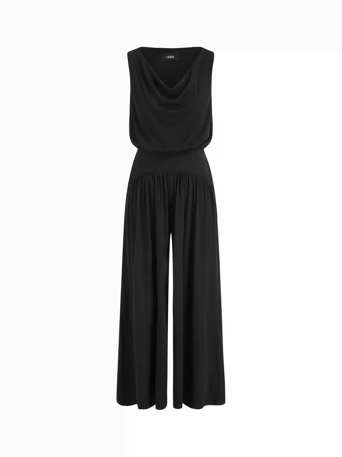 Jersey Cowl Neck Draped High Rise Wide Leg Jumpsuit
