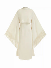 High Neck Bell Sleeve Fringed cape overlay & Midi Dress Set