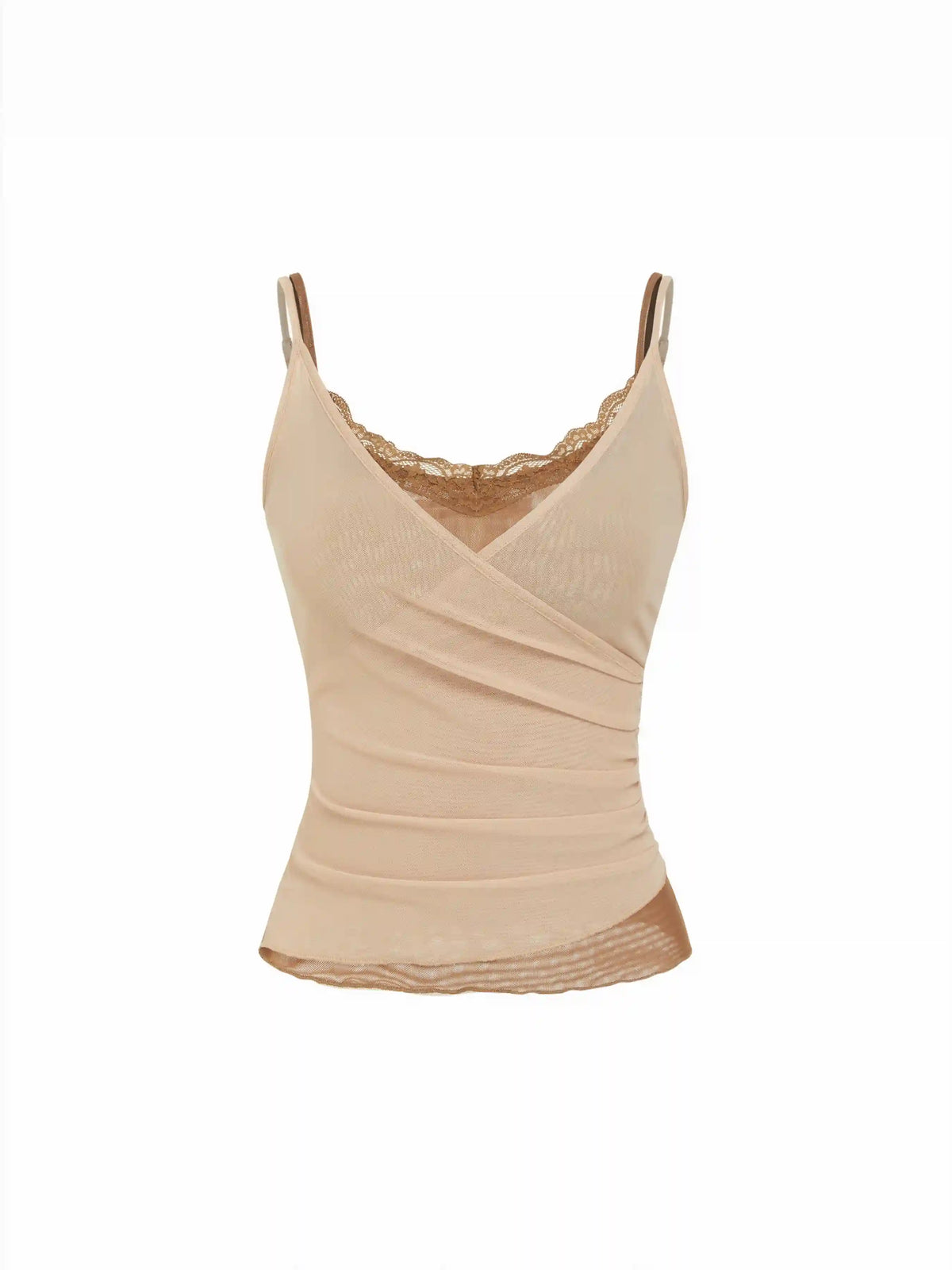 Mesh V-Neck Lace Panel Ruched Cami Top
