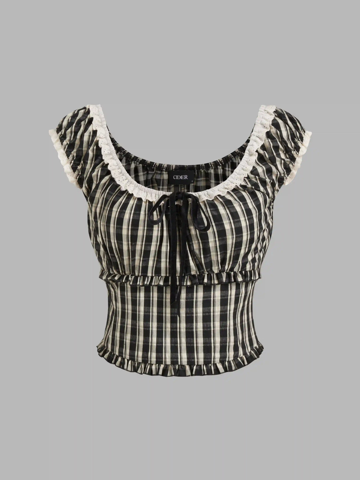 Cotton-blend Check Knotted Lettuce Trim Shirred Top