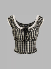 Cotton-blend Check Knotted Lettuce Trim Shirred Top
