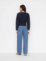 Knit V-neck Long Sleeve Contrasting Binding Metal Button Cardigan