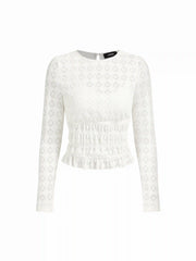 Texture Round Neckline Lace Hollow Out Ruched Top
