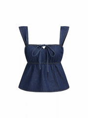 Denim Square Neck Bowknot Shirred Crop Tank Top