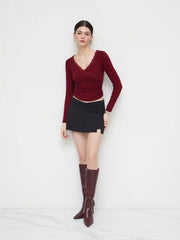 V-neck Solid Lace Trim Ruched Long Sleeve Top