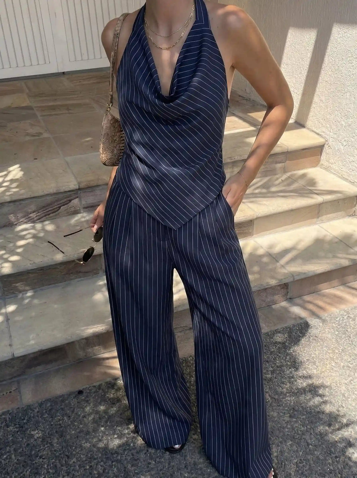 Striped Cowl Neck Tie Back Wide Leg Jumpsuit