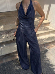 Striped Cowl Neck Tie Back Wide Leg Jumpsuit