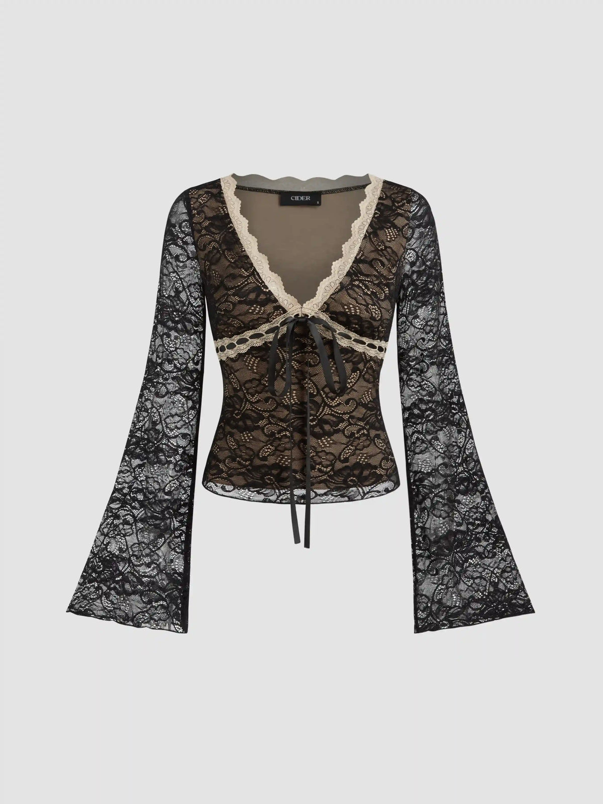 Lace V-neck Knotted Long Sleeve Top