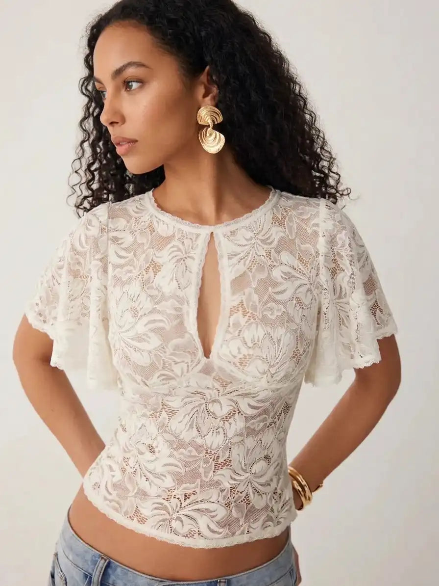 Lace Floral Cut Out Bell Sleeve Top