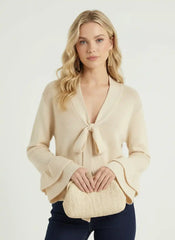 Wool-blend V-neck Ruffle Sleeve Bowknot Oversized Cardigan