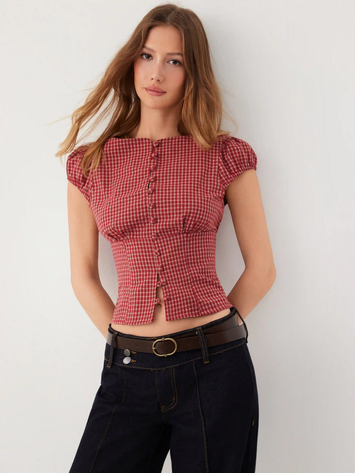 Red Gingham Square Neck Puff Sleeve Blouse