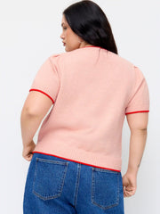 Knit Strawberry Graphic Contrasting Binding Top Curve & Plus